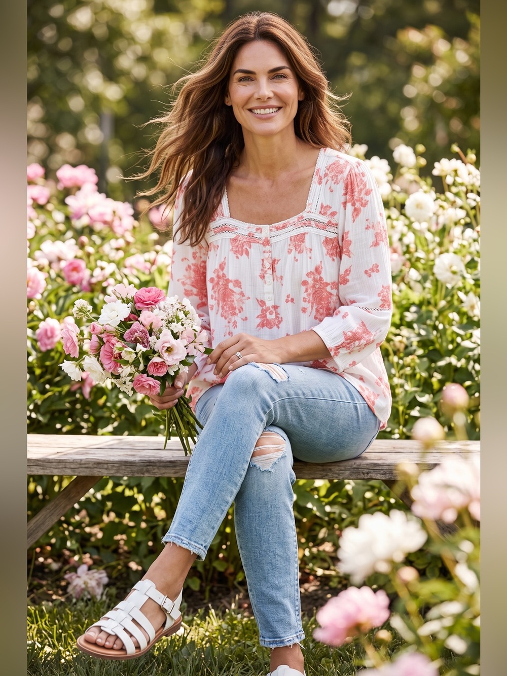 Wonderly White Blouse with Pink Floral Accents